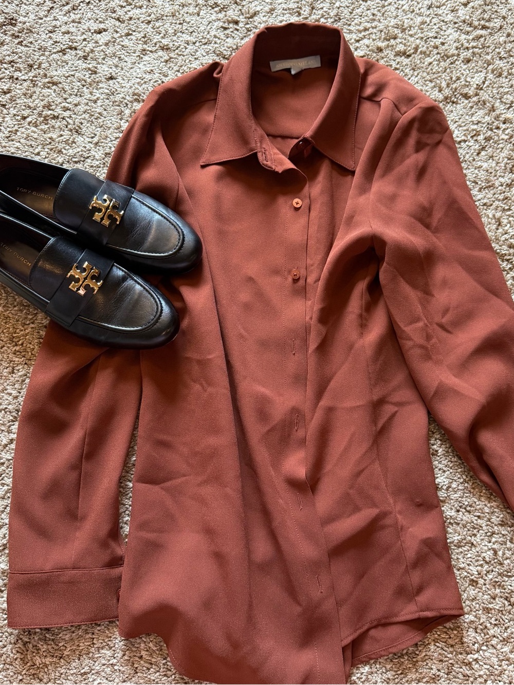 Autumn Brown Pumpkin Tone Antonio Melani Long Sleeve Button Up Collared Blouse